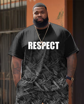 Black Gradient Texture Leaves Slogan "Respect" Printed T-Shirt Shorts Suit Men's Plus Size